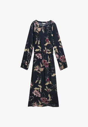 Langemouw jurk in marineblauw met bloemenpatroon, featuring een ronde halslijn, elastische taille en levendige roze en crèmekleurige bloemen. Lichtgewicht stof.