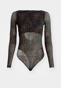 Durchsichtiger, langärmeliges Bodysuit mit Leopardenmuster, hohem Kragen und figurbetonter Silhouette.