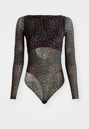 Doorzichtig lange mouwen panterprint body met hoge halslijn en aansluitende silhouet.