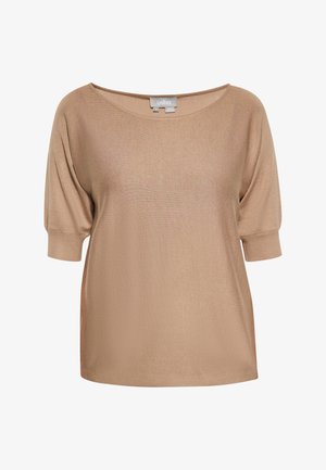 Beige kergweight kudum, laia kaelusega, lühikeste puhv-sülese ja vabalt langeva lõikega. Omab peent ribakirja tekstuuri üle kogu pinna.