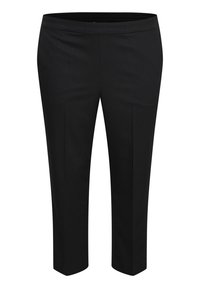 Pantalones negros a medida de largo hasta el tobillo con corte recto y cinturilla elástica, diseñados para vestimenta formal o de oficina.