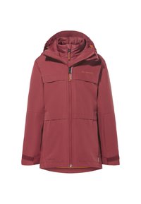 Veste imperméable bordeaux avec capuche, fermeture éclair à l'avant, deux poches poitrine et poignets ajustables. Présente une texture lisse et durable.