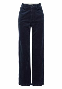 Navy kolor sztruksowe spodnie typu wide-leg z pionowym prążkowanym wzorem, wysoki stan, przednie kieszenie i zapięcie na guzik.