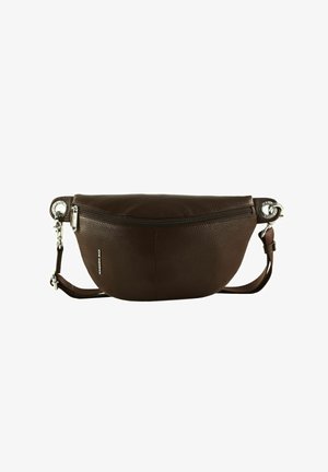 Dunkelbraune Leder-Bauchtasche mit geschwungenem Reißverschlussfach und verstellbarem Riemen mit Metallverschlüssen auf weißem Hintergrund.