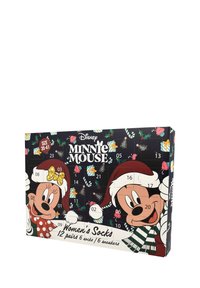 Calendario dell'Avvento a tema Minnie Mouse per calze da donna, con uno sfondo nero, grafiche colorate e porte numerate per le aperture giornaliere.