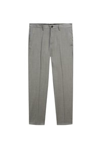 Grau maßgeschneiderte Hose aus einem strukturierten Stoff mit flachem Bund, zwei seitlichen Taschen und einem einzelnen Knopfverschluss.