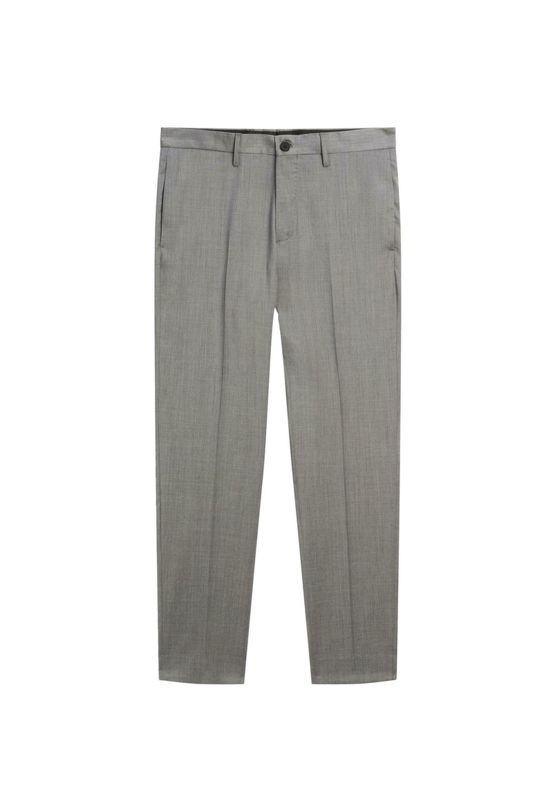 Grau maßgeschneiderte Hose aus einem strukturierten Stoff mit flachem Bund, zwei seitlichen Taschen und einem einzelnen Knopfverschluss.