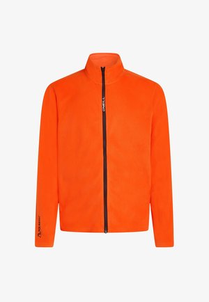 Oranssi fleece-takki, jossa on korkea kaulus ja täysi vetoketju, mustalla vetoketjulla ja hihalogoilla, esittelee sileää rakennetta.