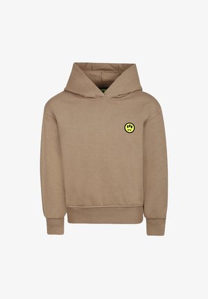 Felpa marrone con cappuccio regolabile, polsini e fondo a coste. Presenta una piccola grafica di un smiley giallo sul petto. Texture morbida.