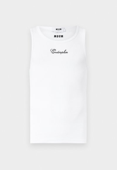 Débardeur blanc sans manches à côtes avec le texte cursif noir "Endorphin" brodé sur la poitrine et des étiquettes internes de la marque MSGM au niveau de l'encolure.