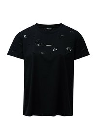 Camiseta negra de manga corta hecha de algodón, con adornos dispersos de lentejuelas y detalles similares a cuentas en el frontal.