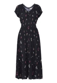 Vestido negro con estampado floral, de mangas cortas y fruncidas. Presenta un corsé fruncido, falda en capas y un patrón floral multicolor en toda su superficie.