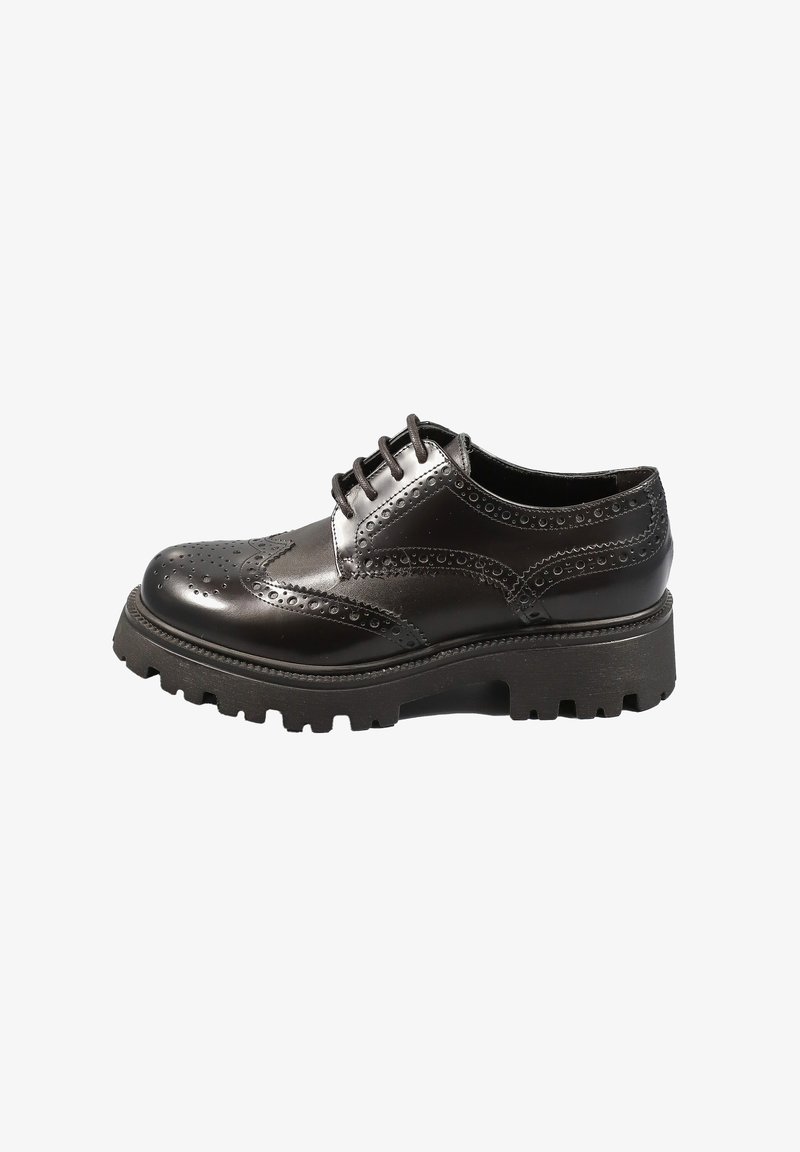 Scarpa brogue in pelle nera con dettagli perforati intricati, chiusura con lacci e suola in gomma spessa per una maggiore aderenza.