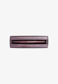 Eyeliner in felt marrone intenso in una scatola viola con testo dorato. Presenta il nome "Renaissance Flick" e un design dell'applicatore elegante.