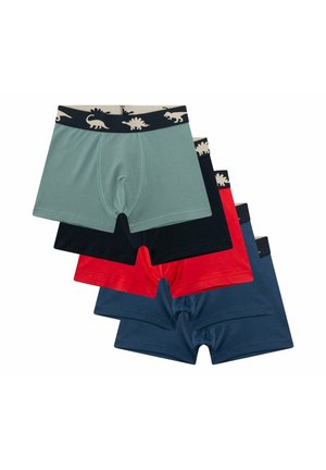 Vier Paar Jungenboxershorts in Grau, Schwarz, Rot und Blau, jeweils mit einem schwarzen Bund und beigen Dinosaurier-Silhouetten.
