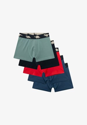 Vier Paar Jungenboxershorts in Grau, Schwarz, Rot und Blau, jeweils mit einem schwarzen Bund und beigen Dinosaurier-Silhouetten.