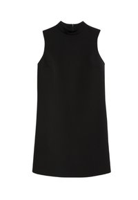 Schwarzes ärmelloses Kleid mit hohem Ausschnitt, aus glattem Stoff; verfügt über einen dezenten Reißverschluss auf der Rückseite und eine entspannte, gerade Silhouette.