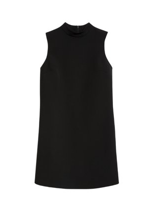 Schwarzes ärmelloses Kleid mit hohem Ausschnitt, aus glattem Stoff; verfügt über einen dezenten Reißverschluss auf der Rückseite und eine entspannte, gerade Silhouette.