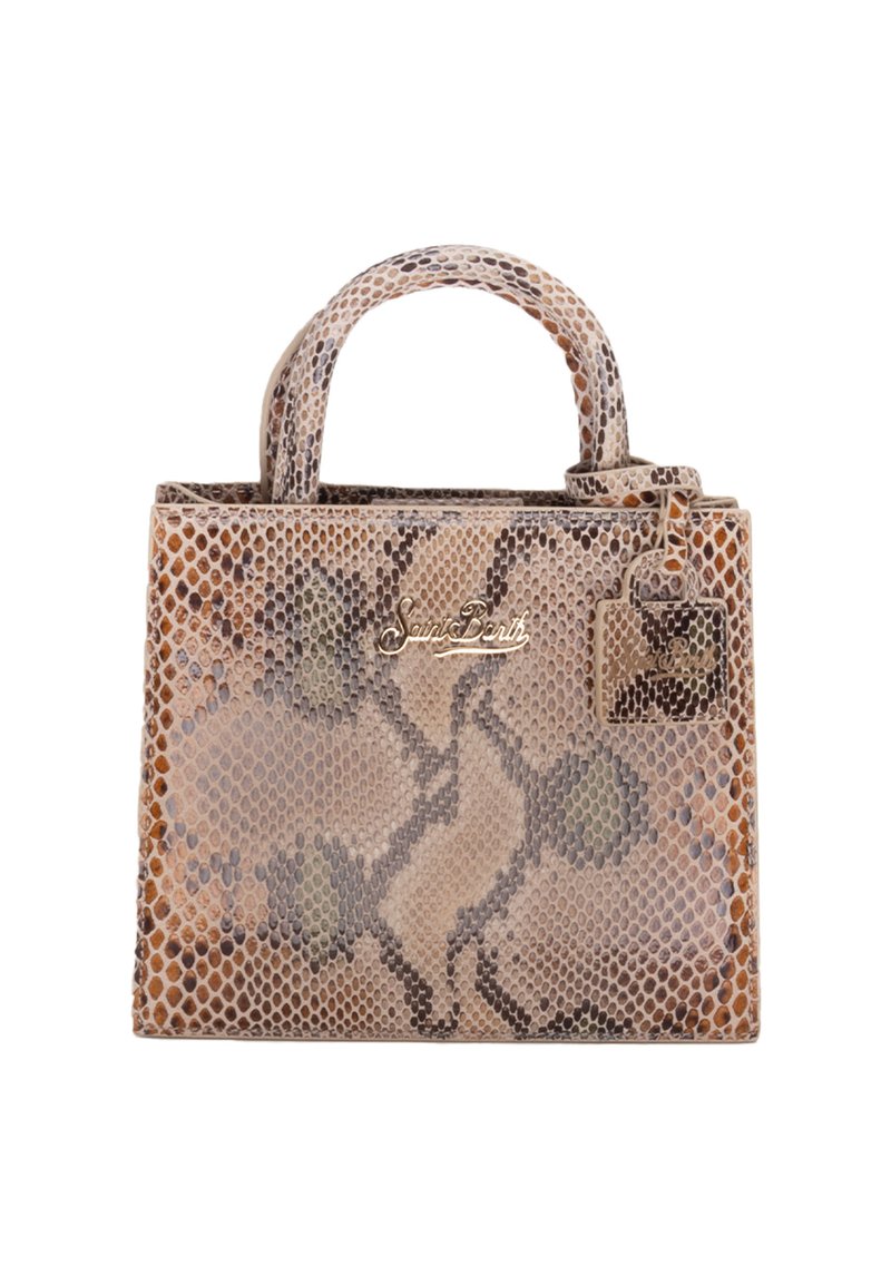 Borse in pelle di serpente testurizzata nei toni beige e marrone, caratterizzata da un design strutturato, due manici superiori, un accento del logo dorato e un'etichetta rimovibile.