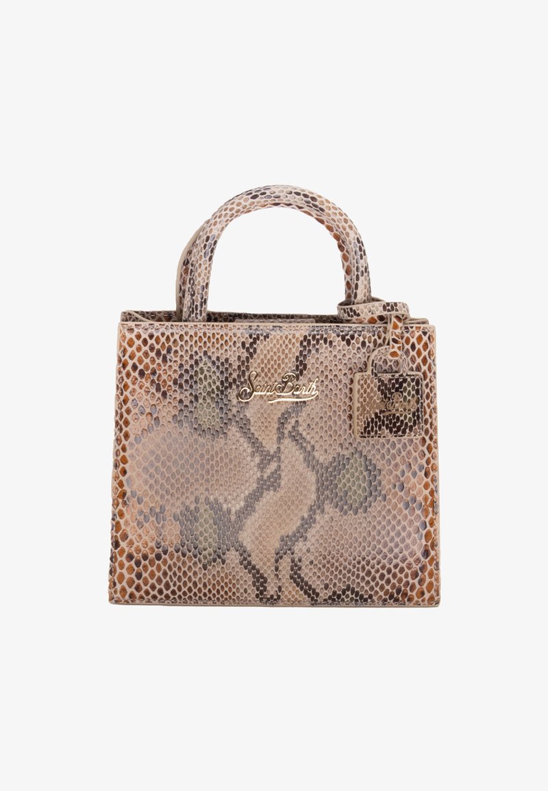 Borse in pelle di serpente testurizzata nei toni beige e marrone, caratterizzata da un design strutturato, due manici superiori, un accento del logo dorato e un'etichetta rimovibile.