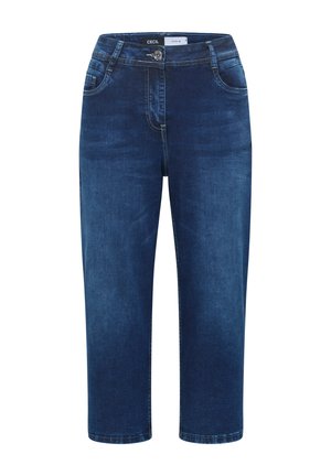 Jean droit en denim bleu foncé avec fermeture à boutons à l'avant, passants de ceinture et poches avant.