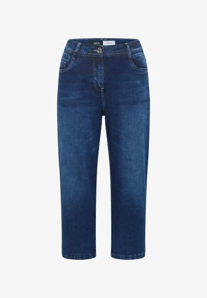 Jean droit en denim bleu foncé avec fermeture à boutons à l'avant, passants de ceinture et poches avant.