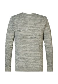 Light gray sweater with a textured pattern, long sleeves, and a crew neck. The fabric appears soft and slightly marled for depth.
