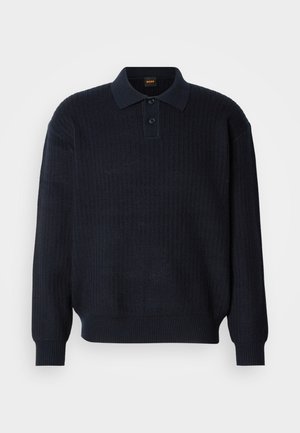 Navy knit pullover sweater with a collar, two-button placket, ribbed texture, and long sleeves. Soft fabric, relaxed fit.