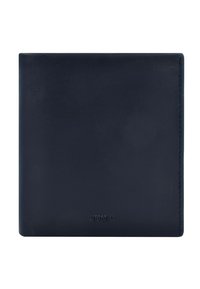 Portafoglio in pelle blu navy con una texture liscia, design a libro e un sottile marchio nella parte inferiore. Presenta bordi puliti e diritti.
