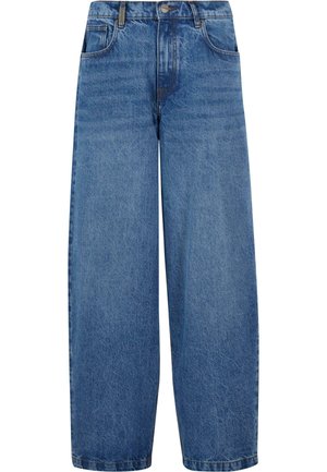 Wide-leg jeans in medium blue denim. Features a high waist, classic five-pocket design, and subtle fading along the legs. Standard hem.