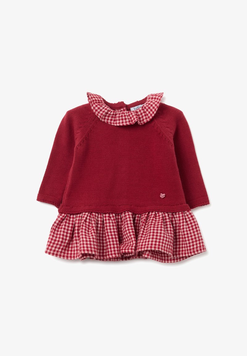 Rotes Strickkleid mit karierter, gestufter Rockpartie, verfügt über einen ausgestellten Kragen und ein kleines Herzdetail. Lange Ärmel, strukturierter Oberkörper mit Nahtdetails.