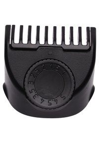 Sort plastklipperbeskytter i sort med justerbare længdeindstillinger. Udstyret med en skive, der viser målinger, og kamtænder til klipning af hår.