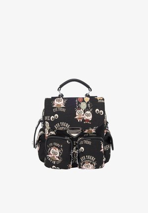 Sac à dos en tissu noir avec des hiboux dessinés, des ballons, des motifs de texte, deux poches avant zippées, une poche latérale et une poignée supérieure.