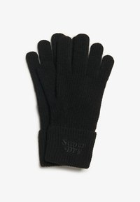 Guanti neri lavorati a maglia con una texture a coste e un polsino con il marchio in rilievo "Super Dry". Design classico a cinque dita per il calore.