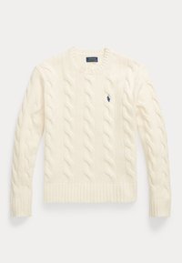 Cream cable-knit sweater with a ribbed crew neckline and cuffs. Features a small, embroidered logo on the chest. Made from soft fabric.
