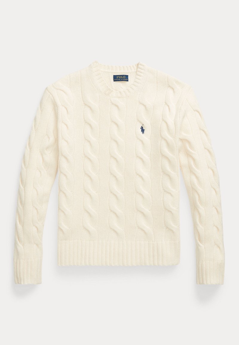 Cream cable-knit sweater with a ribbed crew neckline and cuffs. Features a small, embroidered logo on the chest. Made from soft fabric.