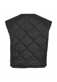 Gilet sans manches matelassé noir avec motif de surpiqûres en losanges et encolure arrondie, vu de dos sur fond blanc.