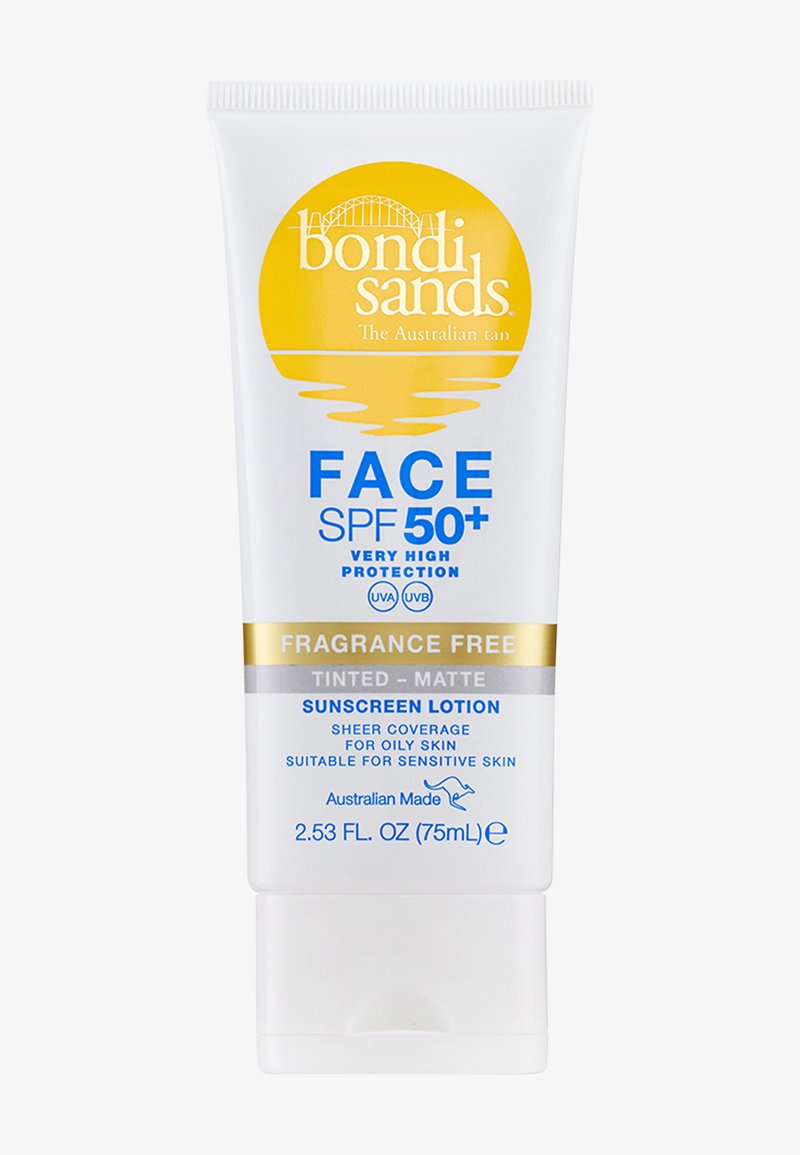 Lotion solaire visage Bondi Sands SPF 50+, sans parfum, teintée mate, couvrance transparente pour peau grasse et sensible, 75 ml, fabriquée en Australie.