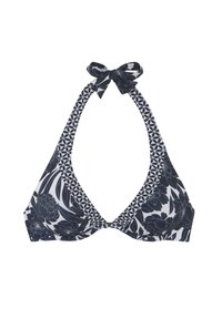 Tumesinine ja valge lilleline bikiinivest, millel on kaela ümbersidumise disain, kinnituspaela ja mustrilise äärega.