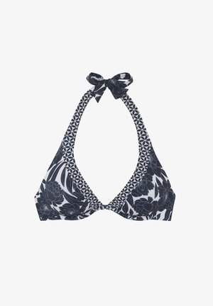 Jūrinio mėlynumo ir baltų gėlių motyvų bikini viršus su halterio kaklo dizainu, turintis raištelį ir raštuotą apdailą palei kraštus.