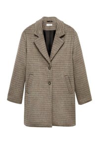 Brun og beige frakke med houndstooth-mønster. Fremstillet af tekstureret stof med slagkrave, to frontlommer og knaplukning.