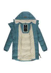 Turkusowa kurtka puchowa z futrzanym kapturem, z kremowym wnętrzem, zamkiem błyskawicznym i zatrzaskami. Posiada metkę marki wewnątrz.