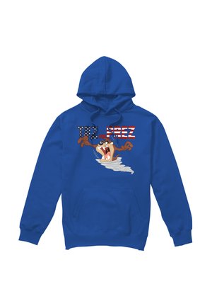 Blue hoodie with a cartoon Tasmanian Devil character in a tornado and text "TAZ FOR PREZ" with American flag patterns.