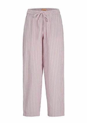 Pantalon rose clair de coupe décontractée avec fines rayures grises verticales, taille élastique et fermeture à cordon à l'avant.