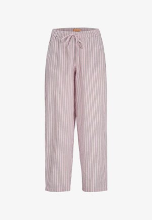 Hellrosa lockere Hose mit vertikalen dünnen grauen Streifen, elastischem Bund und vorderer Kordelzugverschluss.
