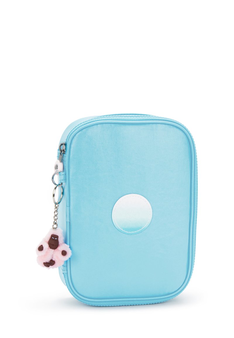 Light blue zippered case with a smooth texture, featuring a circular white accent and a pink gorilla keychain charm.