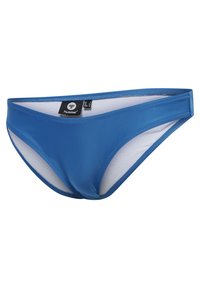 Niebieskie majtki bikini o gładkim, elastycznym materiale, z białą podszewką i niskim stanem. Zawierają metkę z informacjami o marce.
