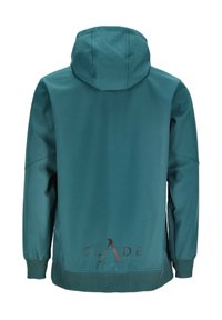 Turkusowa kurtka z kapturem o luźnym kroju, z logo w ciemnobrązowym kolorze na dolnej części pleców. Gładki materiał o subtelnym połysku.