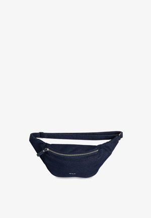Denim fanny pack, dark blue, oval shape, with a front zippered pocket, adjustable strap, and subtle branding on the front.