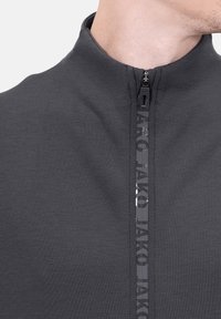 Grau hochkragen Pullover mit einem Reißverschluss vorne, der ein Logo-Design enthält. Glatte Textur mit figurbetontem Design, geeignet für Sportbekleidung.